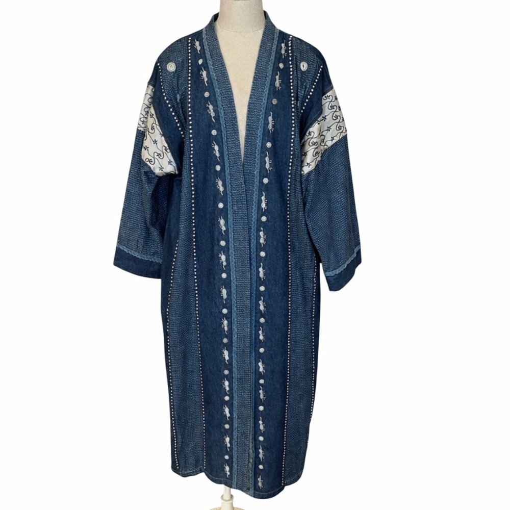 VTG Molato Embroidered Studded Denim Global Kimono Jacket Duster Elephant Medium